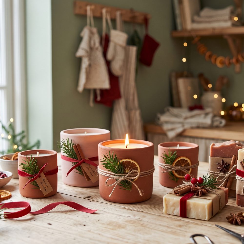 Velas y jabones navideños hechos a mano sobre una mesa