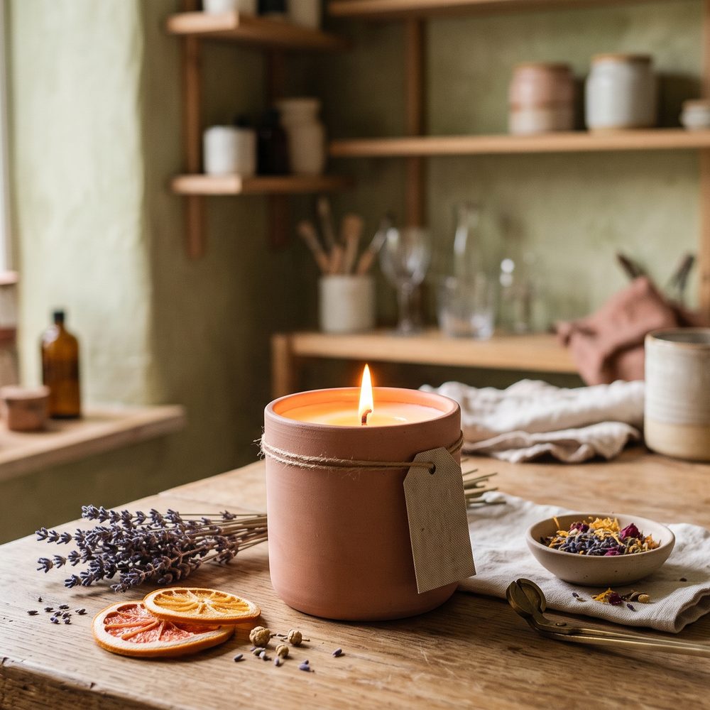 Vela aromática encendida en un frasco de cerámica
